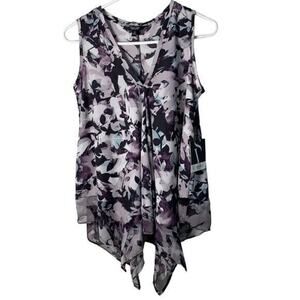 Floral V-Neck Handkerchief Sleeveless Blouse Flowy‎ Boho Size XS